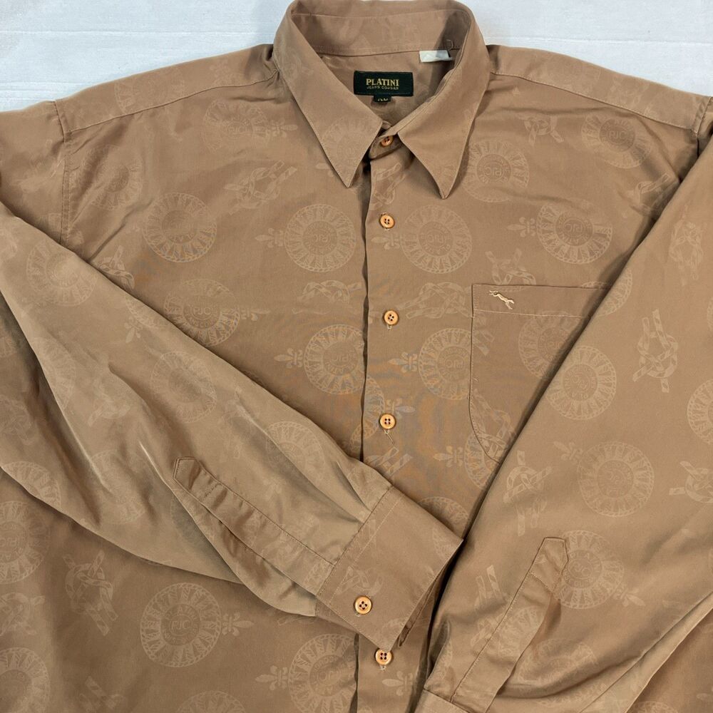 Vtg Platini Jeans Cougar Men's Shirt Sz XL Button Up Geometric Brown USA Made
